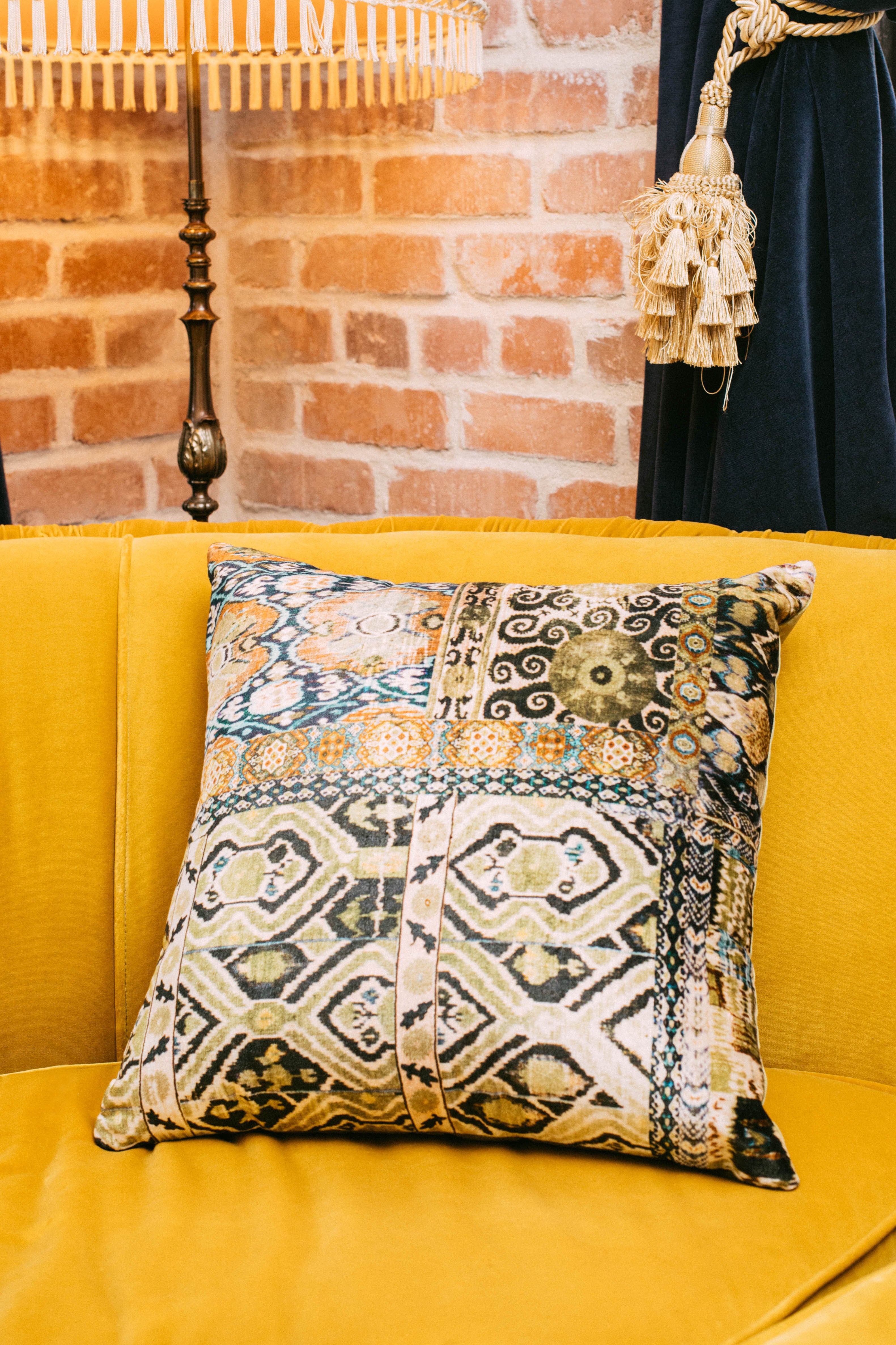 Granada Velvet Square Pillow custom deep jewel tones emerald and gold Nomada Signature for Granada San Luis Obispo by Nomada Deco