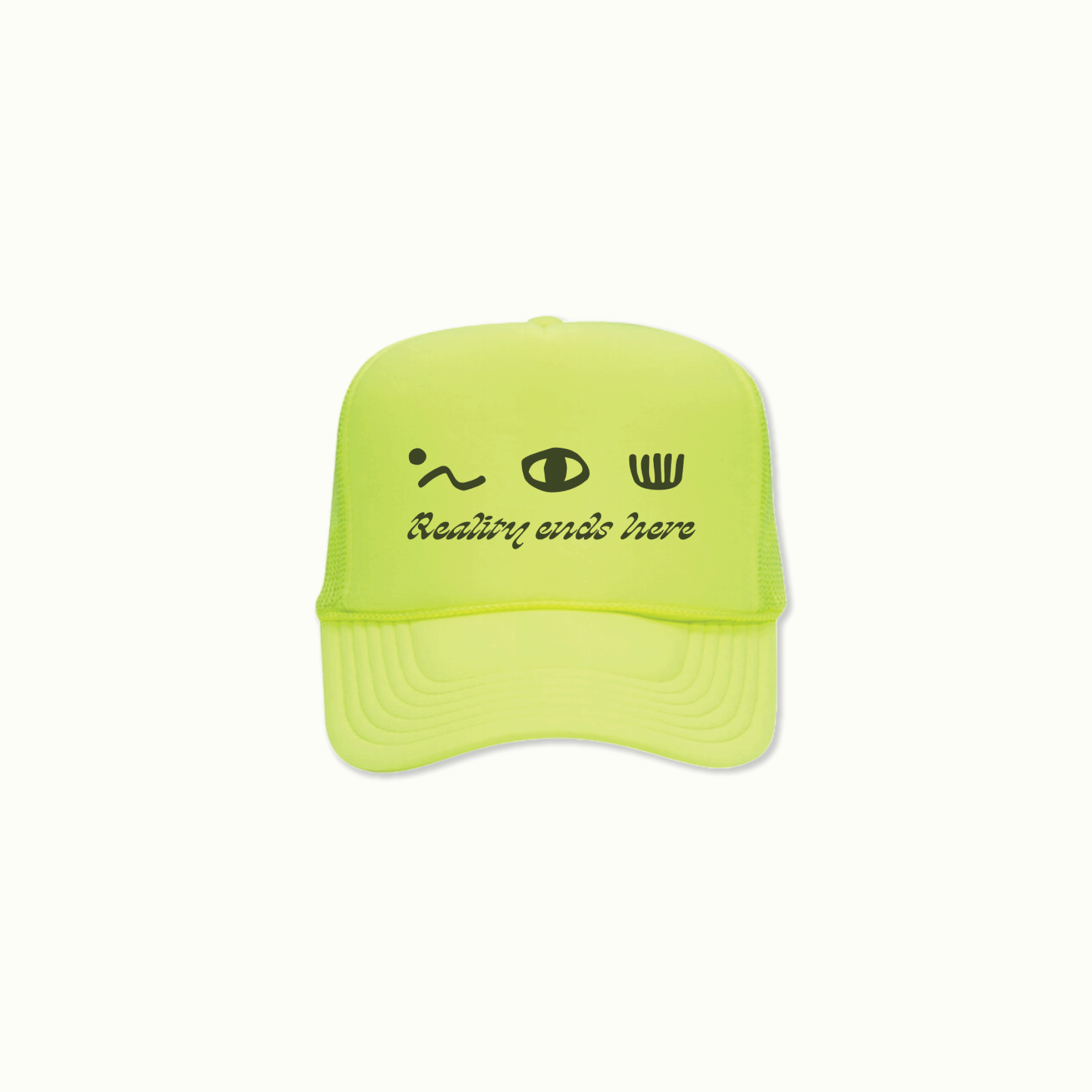 Neon Yellow Reality Ends Here Trucker Hat Nomada Signature by Nomada Deco